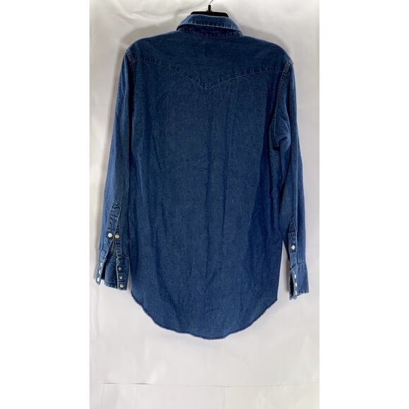 WRANGLER Men's Dark Blue Denim Regular-Fit Distressed Button-Up Shirt SZ 15.5 33 - Picture 2 of 14